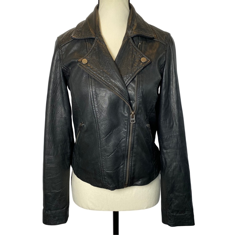 Lucky Brand Women's 100% Lamb Leather Moto Jacket XS Black Bikercore Checkered
